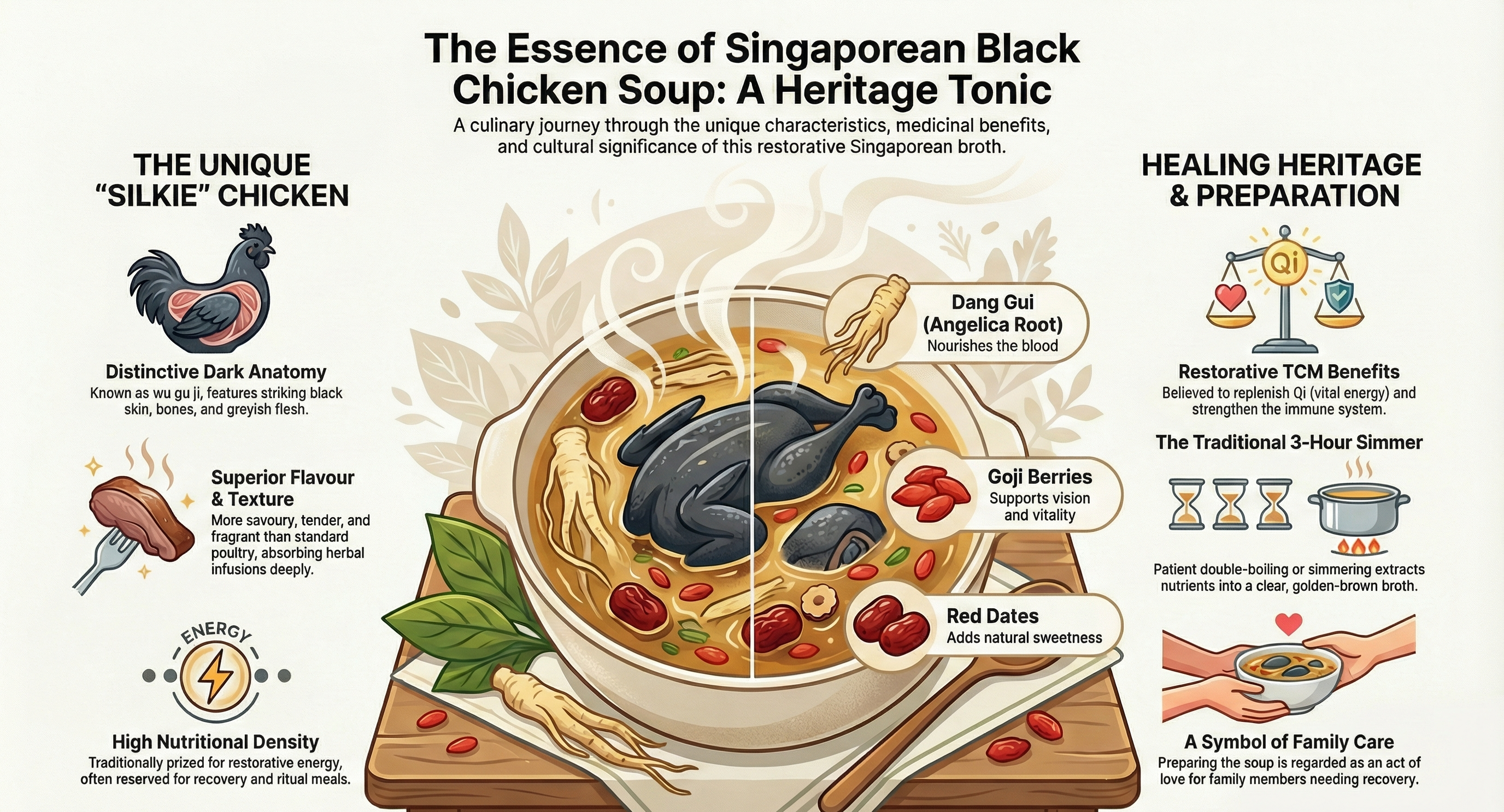 Infographic illustrating the essence of Singaporean black chicken soup, featuring a bowl of herbal black chicken soup made with Silkie chicken, goji berries, red dates, and angelica root, alongside explanations of its medicinal benefits, traditional preparation, and cultural significance as a restorative heritage tonic.