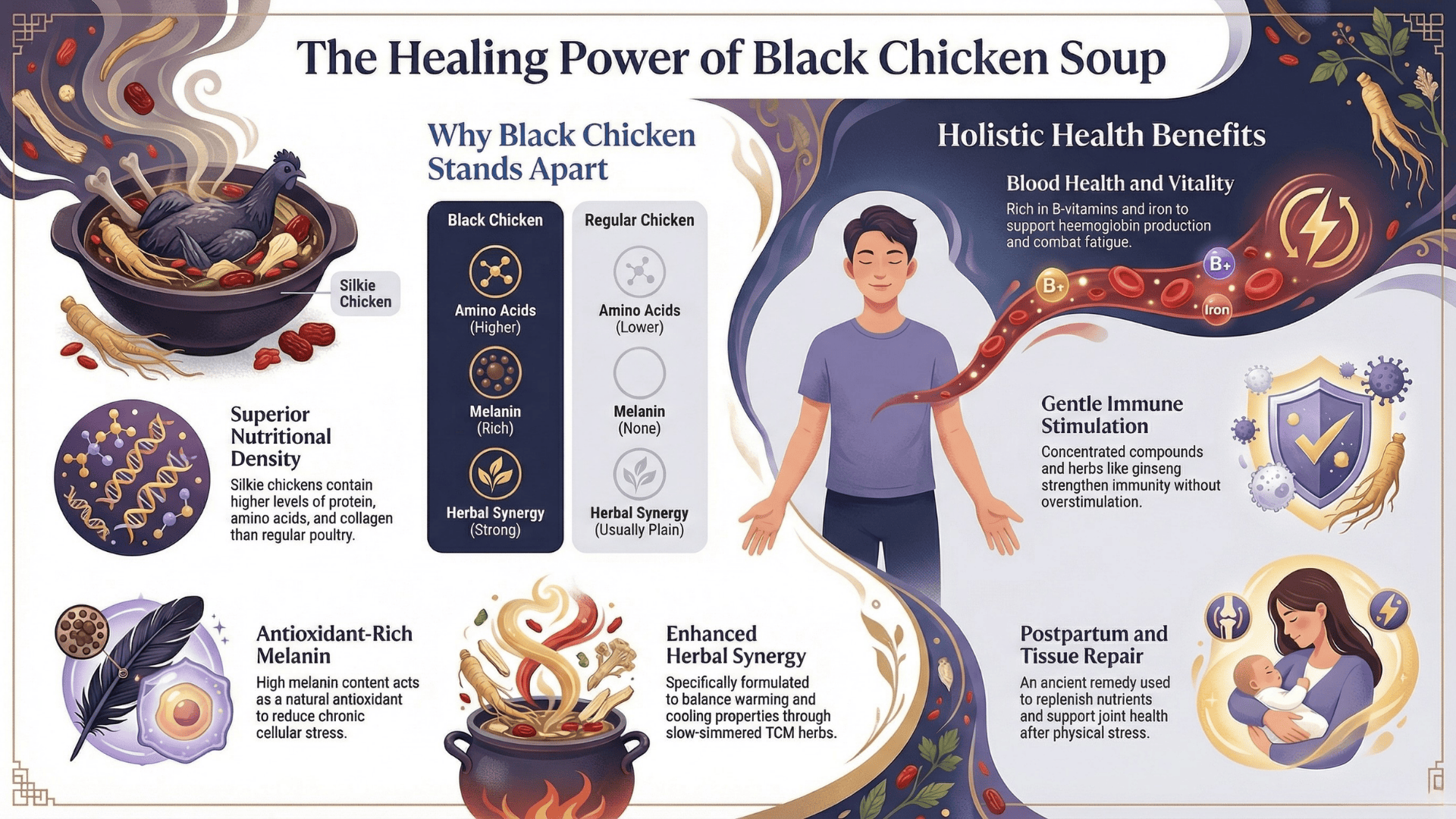 Infographic showing the health benefits of black chicken soup, including immune support, blood health, antioxidant-rich melanin, herbal synergy, tissue repair, and nutritional differences between black chicken and regular chicken.