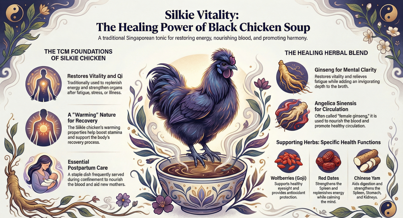 Illustrated infographic showing black chicken soup with a silkie chicken, highlighting traditional Chinese medicine benefits, healing herbs like ginseng and goji berries, and restorative wellness properties.