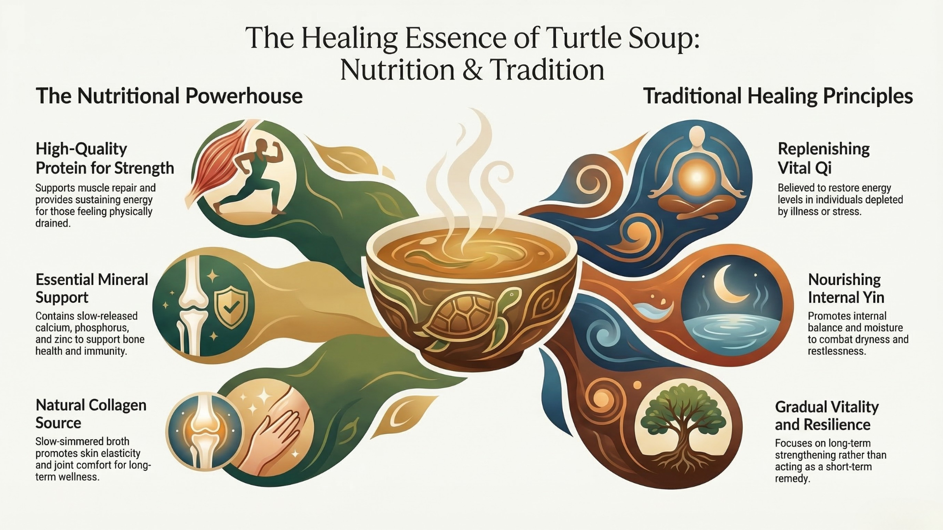 Turtle soup infographic showing nutrition benefits, including protein, minerals, collagen, and traditional healing properties like Qi balance and vitality.