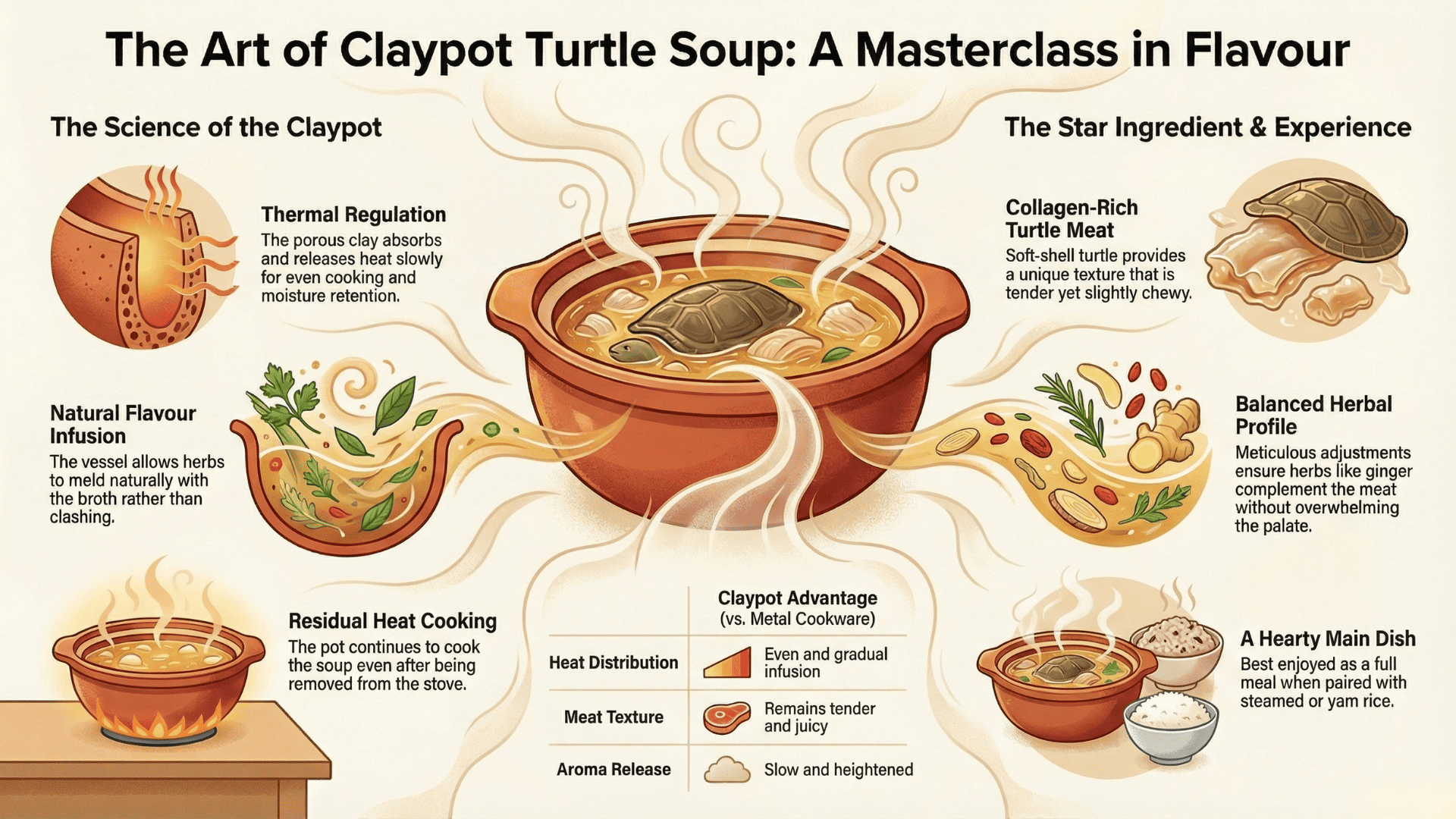Claypot turtle soup infographic explaining heat retention, flavour infusion, collagen-rich meat, and herbal balance for enhanced taste and texture.