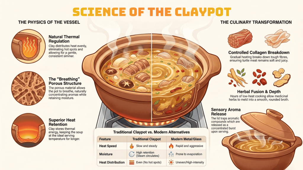 Infographic explaining claypot turtle soup cooking process including heat retention, collagen breakdown, herbal infusion, and flavour development