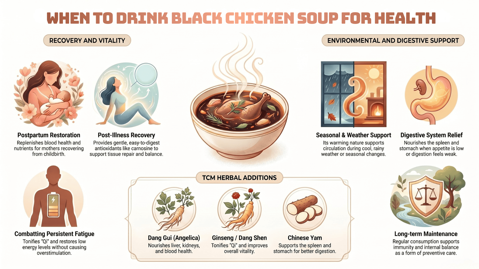 Infographic showing when to drink black chicken soup for health benefits including postpartum recovery, illness recovery, fatigue relief, digestion support, seasonal wellness, and long-term immunity