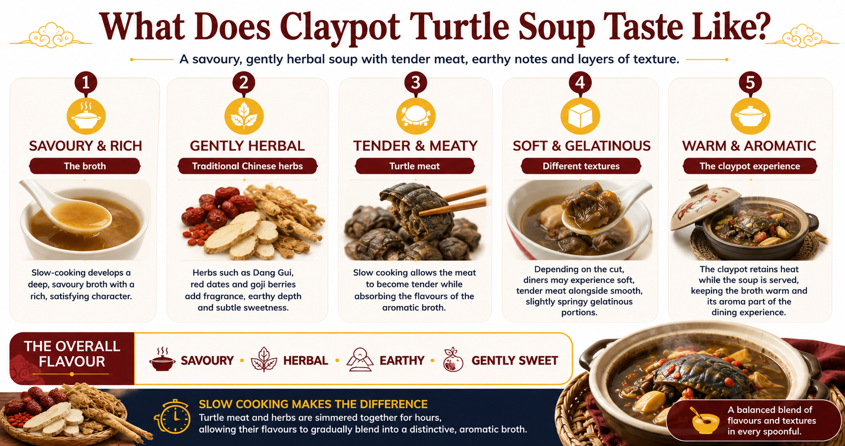 Claypot turtle soup flavour profile infographic showing its savoury broth, gently herbal notes, tender turtle meat, gelatinous textures, and warm aromatic claypot serving experience.