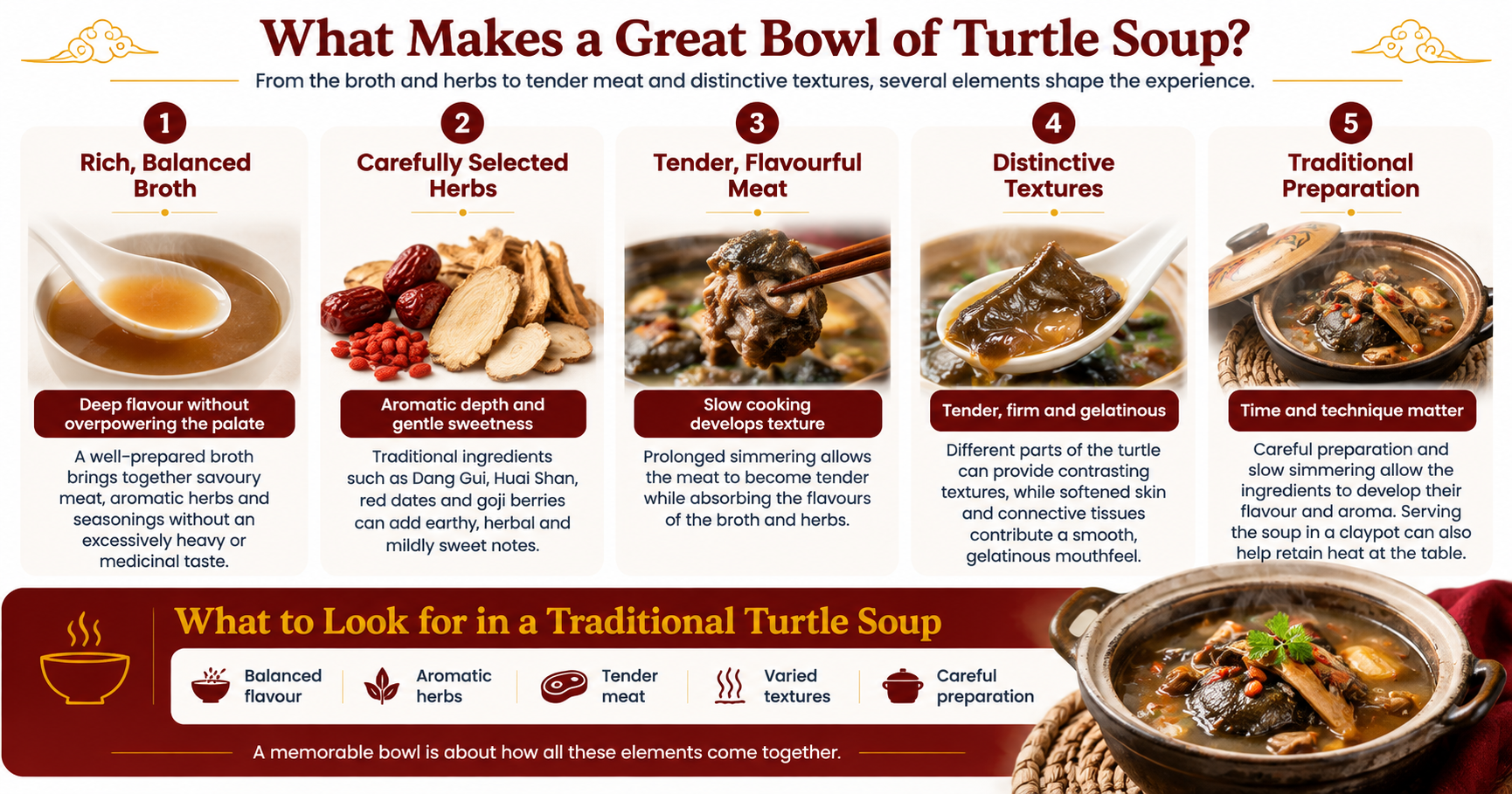 Infographic explaining what makes a well-prepared bowl of traditional turtle soup, including balanced broth, Chinese herbs, tender meat, varied textures and careful slow-simmered preparation.