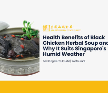 Black chicken herbal soup served in a traditional ceramic bowl with goji berries and Chinese herbs, featured in a guide to its health benefits and suitability for Singapore's humid weather.