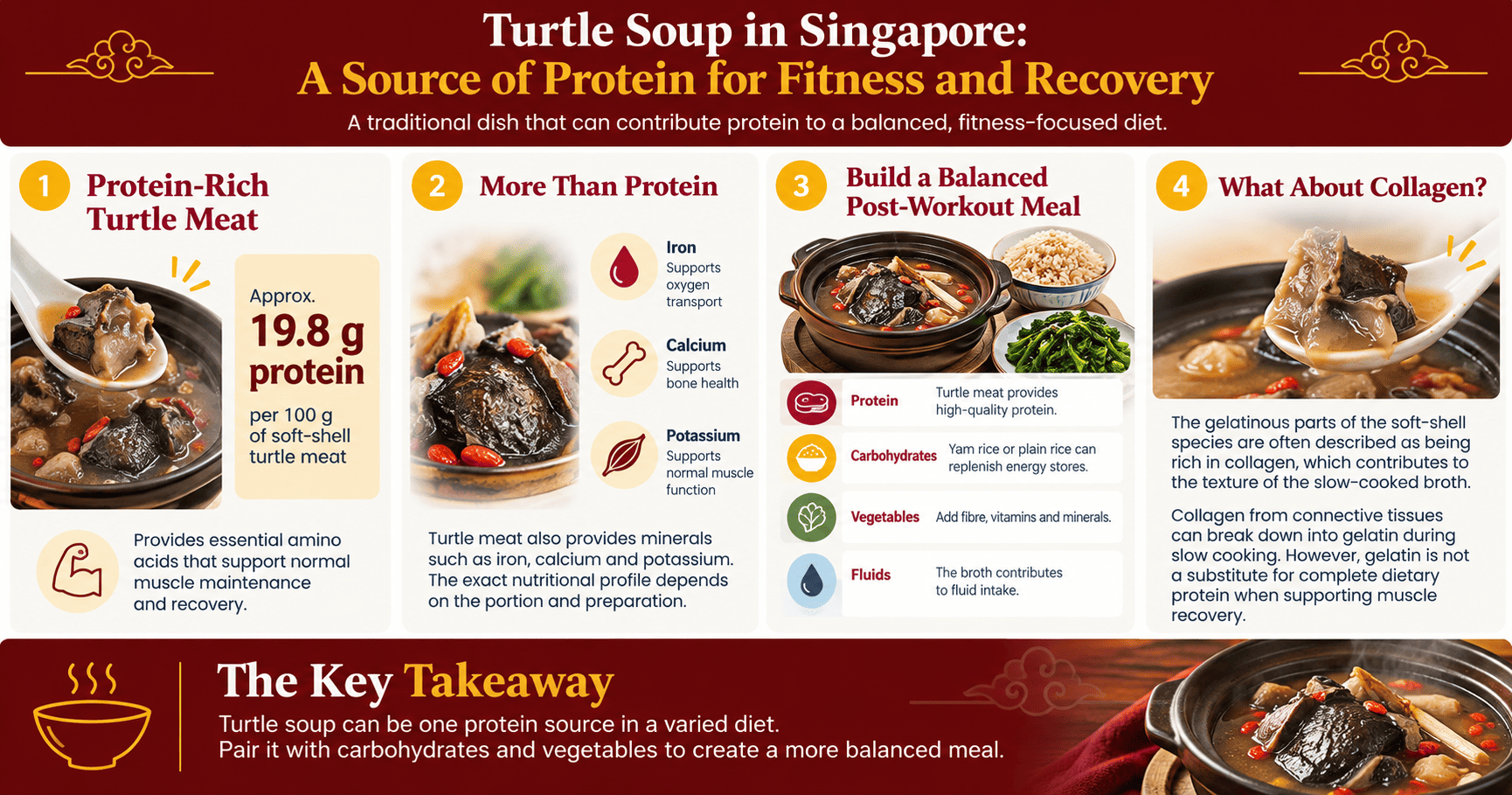 Infographic explaining how turtle soup in Singapore fits into a fitness-focused diet, featuring the protein content of soft-shell turtle meat, other nutrients, post-workout meal pairings, and the role of collagen.